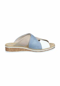 Cork-soled slide sandal featuring a crossover design in light blue, cream, and beige leather with a smooth texture and a white rubber outsole.