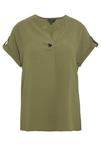 Blusa de mangas cortas en verde oliva con escote en V y un detalle de botón dorado en el centro. Fabricada en una tela suave y ligera. Corte casual.