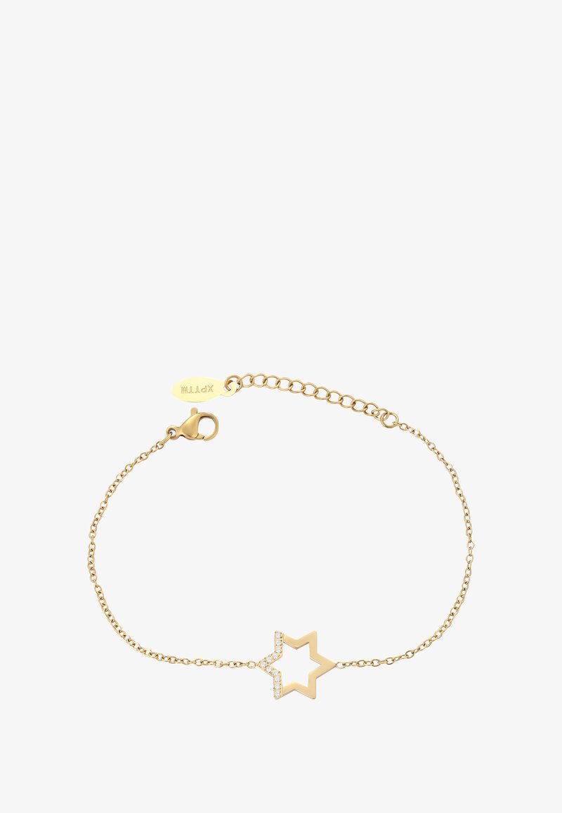 Arany lánc karkötő, amelynek egy üreges hatszögletű csillagja van, az egyik oldalán apró gyémántokkal díszítve, valamint rákos csattal záródik.