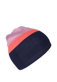 Gestrickte Mütze mit Streifen in Pink, Koralle und Marineblau. Verfügt über eine weiche Textur und eine abgerundete Form, entworfen für Wärme und Komfort.