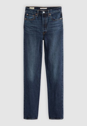 Donkerblauwe denim jeans met een rechte pasvorm, voorzien van vijf zakken, zichtbare stiksels en een knoopsluiting.
