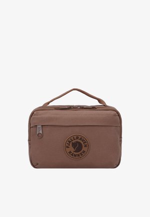 Small rectangular brown Fjällräven Kånken pouch with top handle, front zip pocket, and logo patch on front.
