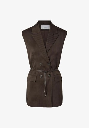 Ermeløs mørkebrun pinstripe blazer-vest med slag, dobbeltradede knapper, klaffelommer og et tynt belte knyttet i midjen.
