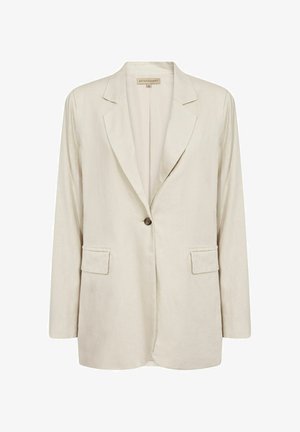 Light beige linen blazer with a single button closure, notch lapels, and two front pockets. Smooth texture with long sleeves.