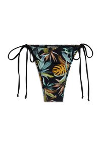 Mustat bikinit, joissa on trooppisen lehden kuvio, sivuilla solmiot ja musta kontrastireuna. Valmistettu sileästä, joustavasta kankaasta.