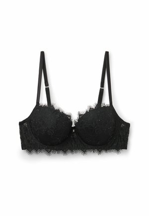 Soutien-gorge en dentelle noire avec des bonnets rembourrés, motif floral, bords festonnés et bretelles réglables. Comprend des accents brillants et une fermeture par crochet.