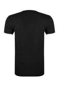 Black short-sleeve t-shirt with white trim on collar and sleeve edges shown from the back on a white background.