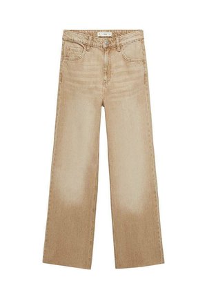 Beige denim wide-leg pants with a high waistband and subtle fade texture. Features traditional five-pocket design and metal button closure.