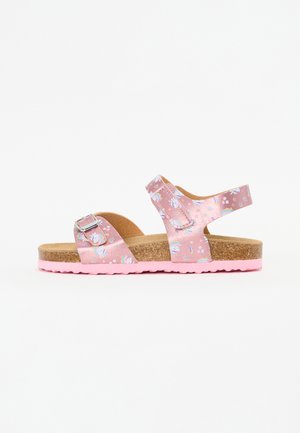 Roze sandalen met een eenhoornpatroon, verstelbare gesp, kurk binnenzool en een roze rubberen buitenzool. Open achterkant voor gemakkelijk aan- en uittrekken.