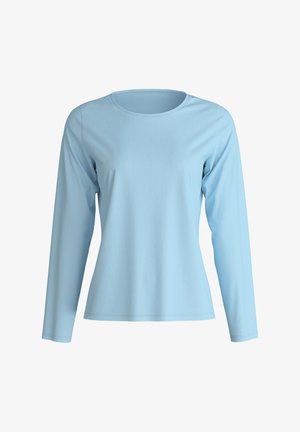 Helles Blau langärmliges Shirt aus weicher Baumwolle. Verfügt über einen Rundhalsausschnitt und eine glatte Textur mit minimalen Nähdetails.