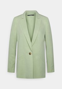 Blazer verde chiaro in lino con chiusura a un bottone, revers a punta e due tasche frontali. Tessuto liscio e vestibilità su misura.