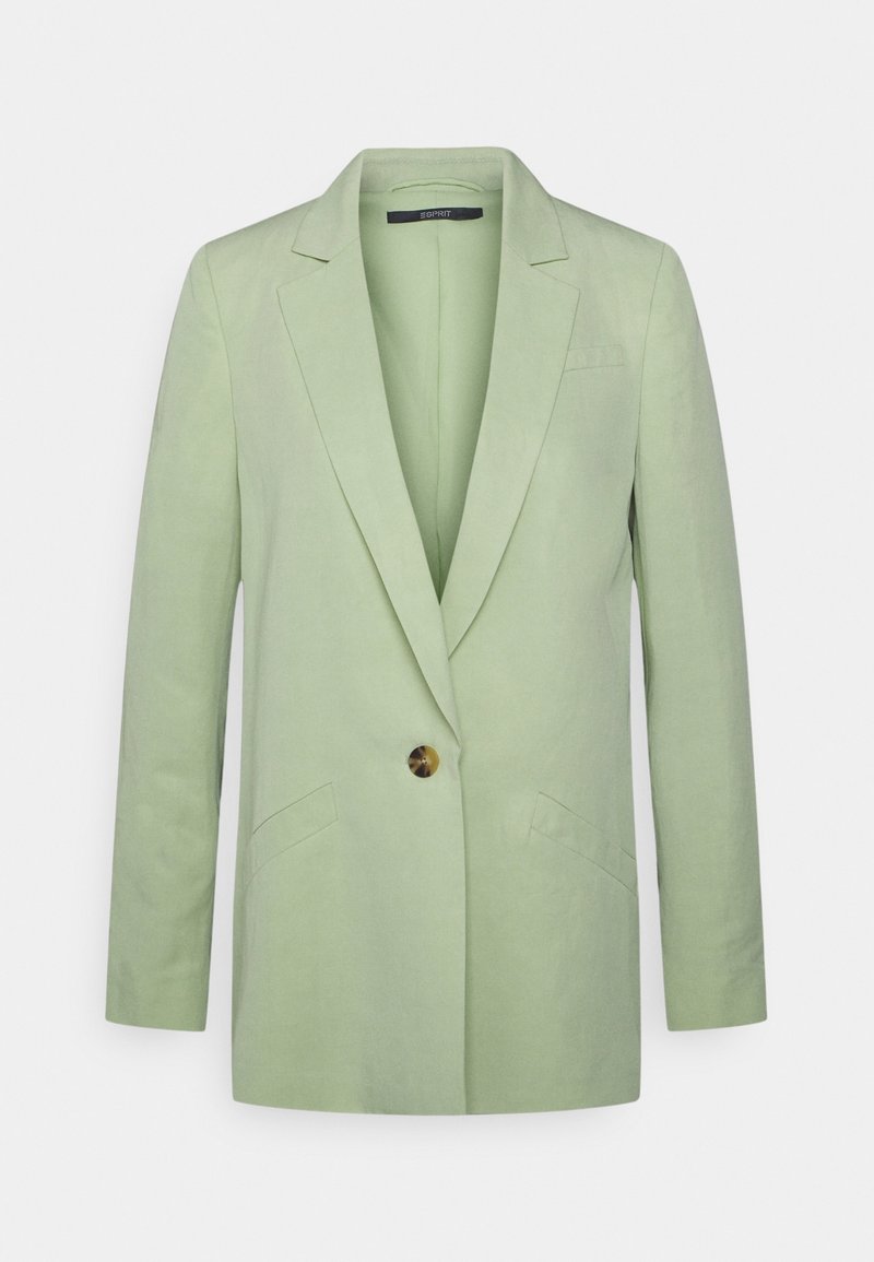 Blazer verde chiaro in lino con chiusura a un bottone, revers a punta e due tasche frontali. Tessuto liscio e vestibilità su misura.