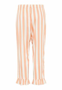 Pantaloni a righe in pesca e bianco, realizzati in cotone leggero. Presentano una vita elastica e rouches all'orlo di ciascun pant leg.