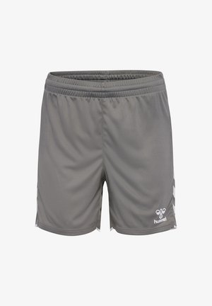 Grå atletiska shorts med resårmidja och vita chevronränder på sidorna, med en vit hummel-logotyp framtill.