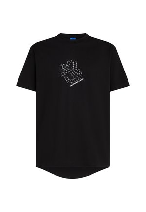 T-shirt nera a maniche corte in cotone, con una grafica bianca e un logo sul fronte. Orlo arrotondato nella parte inferiore.