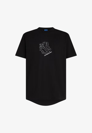 T-shirt nera a maniche corte in cotone, con una grafica bianca e un logo sul fronte. Orlo arrotondato nella parte inferiore.