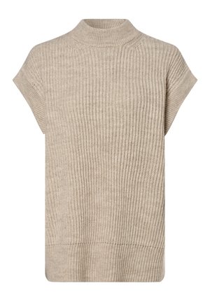 Pull sans manches beige en maille avec texture côtelée et col rond haut, conçu pour être porté en superposition ou de manière décontractée.