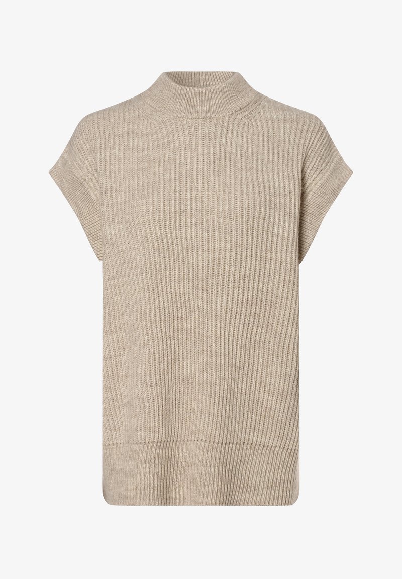 Pull sans manches beige en maille avec texture côtelée et col rond haut, conçu pour être porté en superposition ou de manière décontractée.