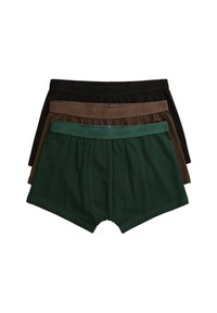 Ensemble de quatre boxers en noir, vert foncé, marron et gris foncé. Fabriqués en coton, avec des ceintures élastiques arborant le logo de la marque.
