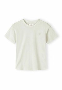 T-shirt en coton beige clair uni à manches courtes avec col rond et petit logo brodé discret sur la poitrine gauche.