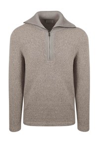 Light brown knitted sweater with long sleeves, a ribbed half-zip collar, and a textured fabric pattern.