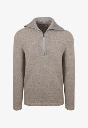 Lichtbruin gebreide trui met lange mouwen, een geribde halve ritskraag en een gestructureerd stoffen patroon.