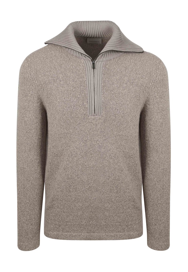 Light brown knitted sweater with long sleeves, a ribbed half-zip collar, and a textured fabric pattern.