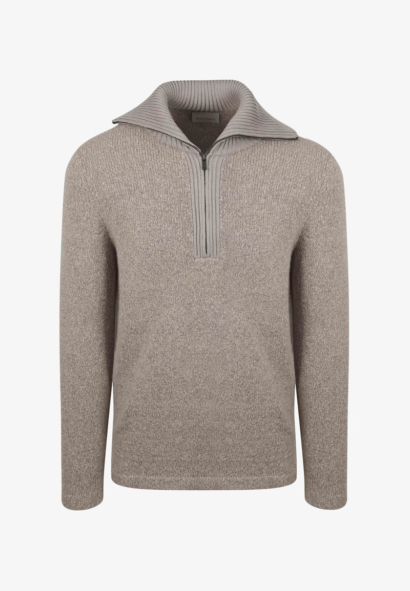 Light brown knitted sweater with long sleeves, a ribbed half-zip collar, and a textured fabric pattern.