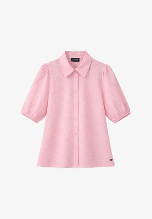 Roze blouse met korte mouwen met pofmouwen, knoopsluiting aan de voorkant, puntkraag en subtiele hartjesborduursels.