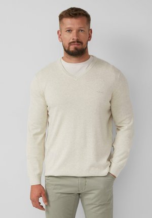 Hellbeige V-Ausschnittpullover mit langen Ärmeln, gestrickter Textur und einem dezenten Logo-Detail auf der Brust, kombiniert mit hellgrünen Hosen.