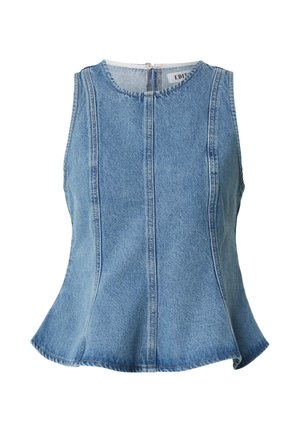 Ärmelloses blaues Denim-Top mit tailliertem Schnitt, Rundhalsausschnitt, vertikalen Nähten und Reißverschluss hinten.