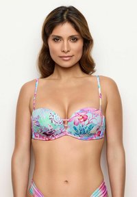Top de bikini floral colorat cu cupe căptușite și bretele ajustabile. Prezintă un închidere cu cârlig și un design decorativ cu decupaj central.