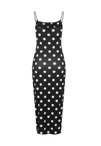 Robe noire moulante sans manches à pois blancs avec fines bretelles, arrivant sous les genoux.