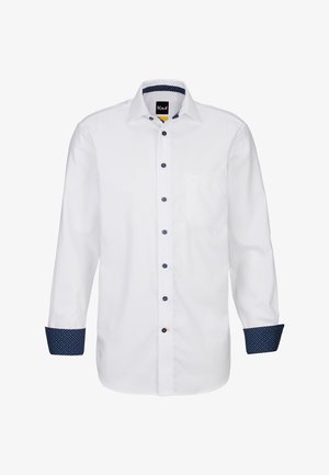 Weißes Langarmhemd mit Knopfleiste. Marineblaue Akzente an den Manschetten und am Kragen, mit einem dezenten Punkte-Muster. Mit einer Brusttasche.