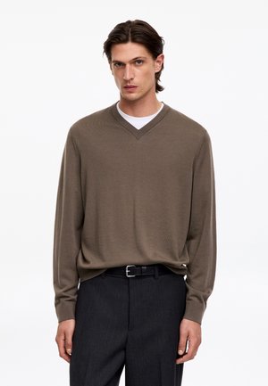 Jeune homme aux cheveux foncés porte un pull marron à col en V par-dessus une chemise blanche et un pantalon sombre, debout devant un fond blanc uni.