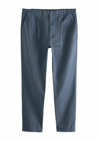 Graue Hose aus glattem Stoff, mit einem elastischen Bund, vorderen Taschen und einem einzigen Knopfverschluss.