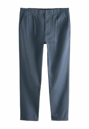 Šedé nohavice z hladkej tkaniny, s elastickým pásom, prednými vreckami a jedným gombíkom na zapínanie.