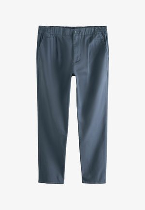 Pelēki bikses, kas izgatavotas no gludas auduma, ar elastīgu jostu, priekšējām kabatām un vienu pogu aizdari.