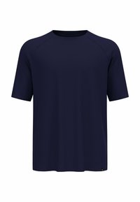 T-shirt manica corta blu navy realizzato in tessuto texturizzato, con scollo rotondo e maniche raglan. Presenta un'etichetta con logo sull'orlo.