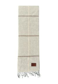 Sciarpa di lana beige chiaro con sottili strisce orizzontali e verticali più scure e più chiare, estremità frangiate e una piccola etichetta in pelle marrone.