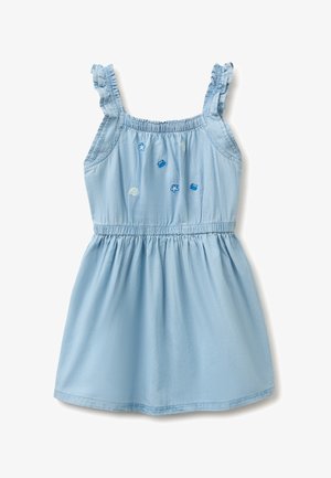 Vestito azzurro chiaro senza maniche per ragazza con vita elastica, spalline arricciate e piccoli animali marini ricamati sul petto.
