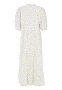 Robe midi blanche avec petit motif floral vert, manches courtes bouffantes, jupe à volants et coupe ample vue de dos.