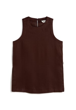 Mouwloze donkerbruine linnen top met ronde hals, knoopsluiting aan de achterkant en zijsplitten, plat gelegd op een witte achtergrond.