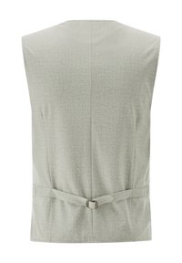 Hellgraue ärmellose Weste aus strukturiertem Stoff, mit einem Taillengürtel und einem schlichten Rückendesign, das eine einfache, klare Silhouette zeigt.