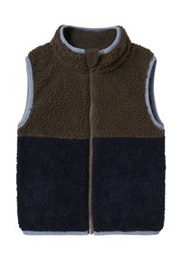 Pruun ja meresinine fliisvest kõrge kraega, lukuga ning sinise voodriga. Omab tekstuuriga mugavat kangast ja värvilahendusega disaini.