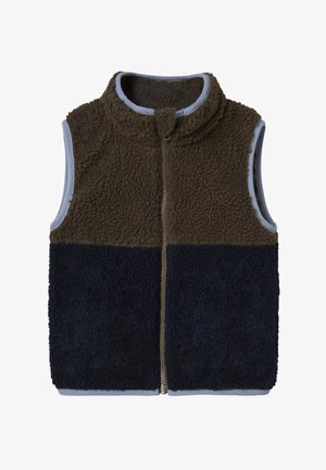 Rudas ir tamsiai mėlynas vilnos liemenė su aukštu apykakle, užtrauktuko uždaru ir mėlynu pamušalu. Savybė - tekstūruotas, šiltas audinys ir spalvų blokų dizainas.