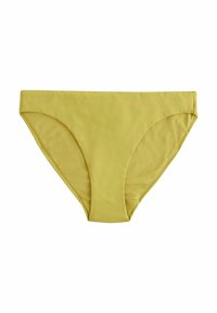 Gult bikiniunderdel med ett slätt, stretchigt tyg. Har högskurna sidor och minimal täckning, designad för komfort och passform.