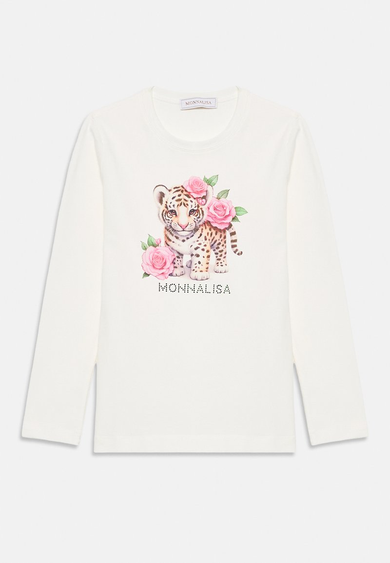 Camiseta de algodón blanca de manga larga con un diseño impreso de un tigre con rosas rosas y el texto "MONNALISA" debajo en acentos claros.