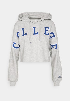 Ljusgrå cropped hoodie med blå "COLLEGE"-text, dragsko på huvan, långa ärmar och ribbad mudd. Mjuk tyg med avslappnad passform.