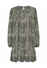 Vestido de manga larga con estampado de leopardo, que presenta un cuello redondo, cierre en forma de llave en la espalda y un dobladillo en niveles con una textura de tejido fluido.